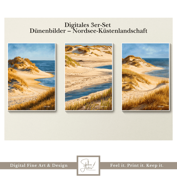 Digitales 3er-Set Dünenbilder – Nordsee-Küstenlandschaft als Wandkunst | Digitaldruck dreiteilig