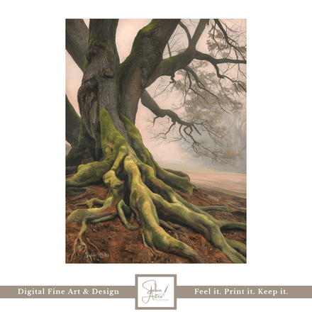 Majestätische Baumwurzel im Nebel – Digitaler Fine Art Print | Naturkunst Wandbild zum Ausdrucken