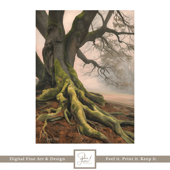 Majestätische Baumwurzel im Nebel – Digitaler Fine Art Print | Naturkunst Wandbild zum Ausdrucken