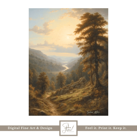 Abendpfad ins Tal – Digitales Landschaftsgemälde mit Sonnenuntergang &amp; Flusstal | Fine Art Print