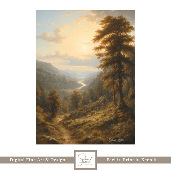 Abendpfad ins Tal – Digitales Landschaftsgemälde mit Sonnenuntergang &amp; Flusstal | Fine Art Print