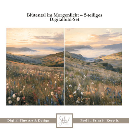 Blütental im Morgenlicht – 2-teiliges Digitalbild-Set mit Wildblumen &amp; Hügellandschaft