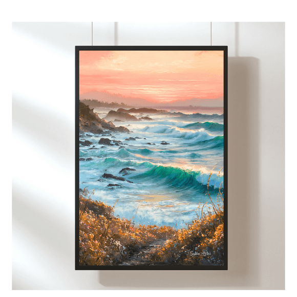 Digitales Küstenbild mit Sonnenuntergang &amp; Wellen – Digitale Fine Art Landschaft als Sofort-Download