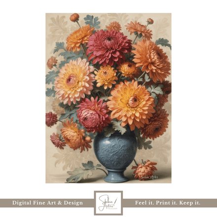 Chrysanthemenliebe – Digitales Blumenbild mit Vintage-Vase in warmen Herbsttönen