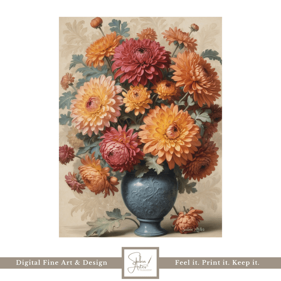 Chrysanthemenliebe – Digitales Blumenbild mit Vintage-Vase in warmen Herbsttönen