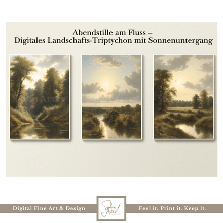 Abendstille am Fluss – Digitales Landschafts-Triptychon mit Sonnenuntergang
