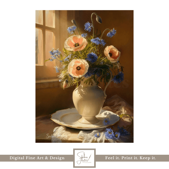 Sommerstrahlen &amp; Blütenpracht – Stillleben Fine Art mit Mohnblumen und Kornblumen im Sonnenlicht