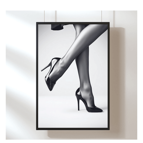 Elegante Frauenbeine in High Heels – Stilvolle Schwarz-Weiß-Kunst als digitaler Print