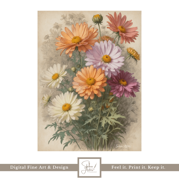 Sommermargeriten – Digitales Vintage-Blumenbild in Pastellfarben