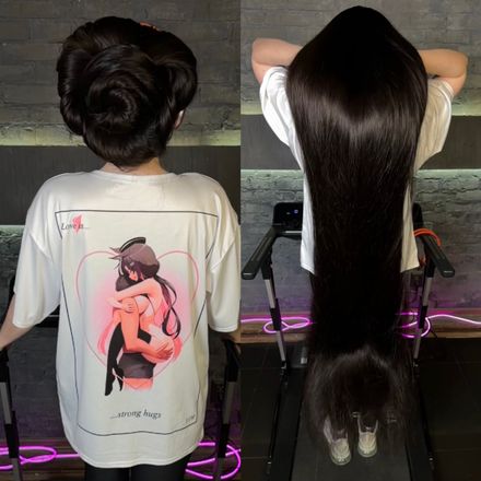 Hair wavy play, smell 11 minutes + Long straight hair on the treadmill, high ponytail slow motion 