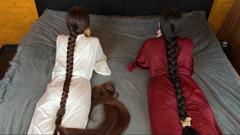 Unbraiding very long braids. Two Rapunzels and a man. 15 minutes.