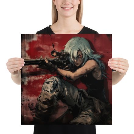 Crimson Eye Sniper: Unique AI Art Print