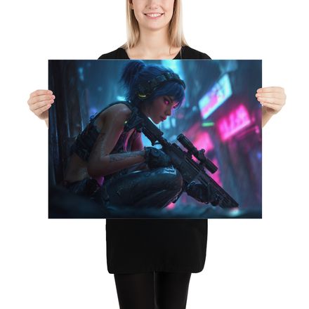 Neon Vigil: Blue-Haired Cyberpunk Sniper