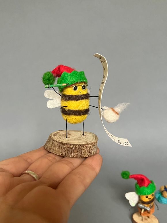 Needle Felted Busy Bee Elf With  Naughty &amp; Nice List &amp; Coffee