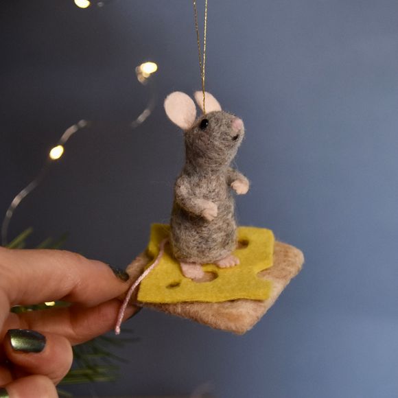 Needle Felted Little grey mouse on cheese &amp; cracker  bauble - Ornament 