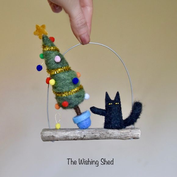 Naughty Kitty Cat   -  Black Cat Knocking Over Christmas Tree Ornament 