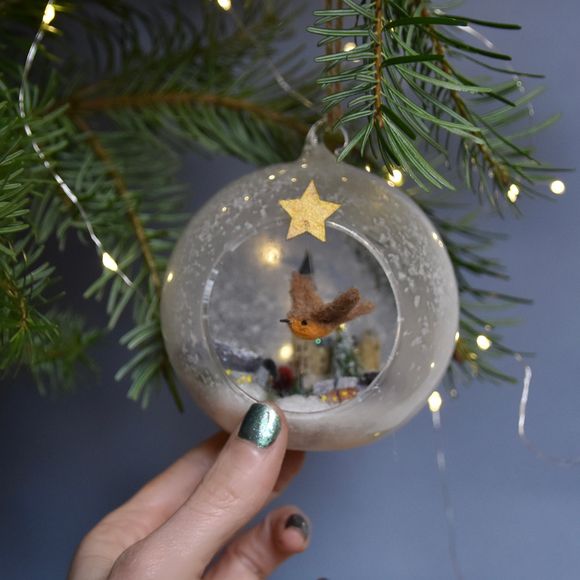Needle Felted flying Robin London miniature Scene in glass bauble with Robin   - Ornament 
