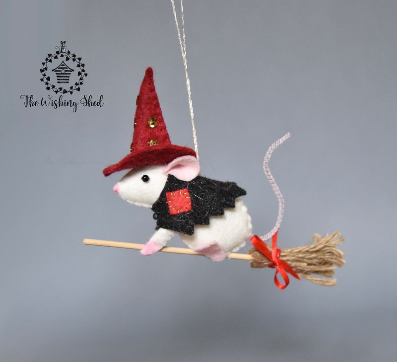 Hand Sewn White Witchy Mouse On Broomstick (Red Hat)  - Hanging ornament - One of a Kind