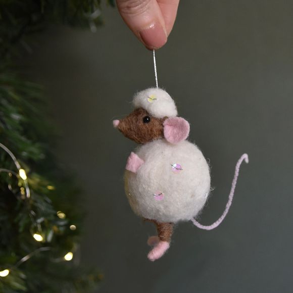 Needle Felted Mouse in snowball - Ornament 