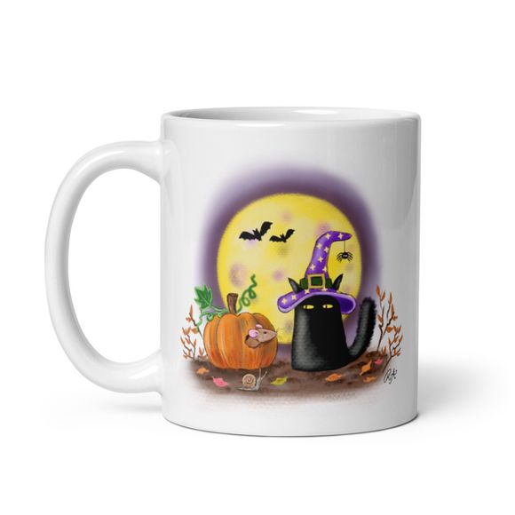 Naughty Witchy Cat With Mouse In Pumpkin - White Glossy Mug 