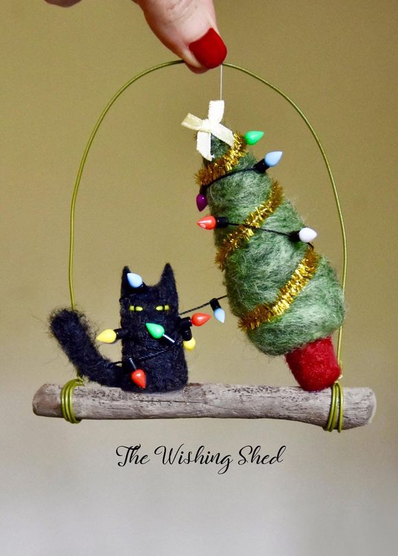 Tangled Kitty  -  Black Cat Christmas Tree Ornament 