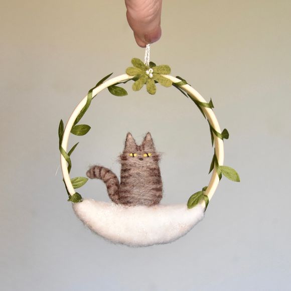 Tabby kitty under mistletoe  -  One of a Kind Christmas Ornament  
