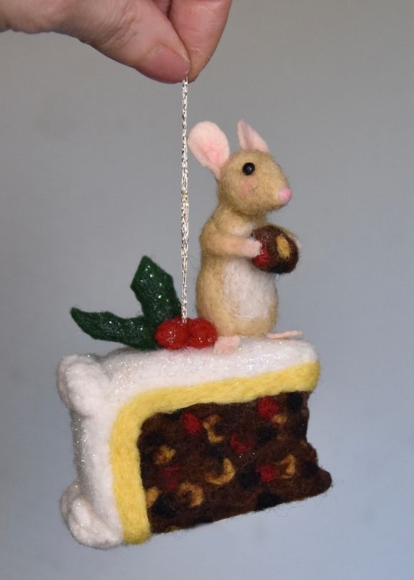 Little Needle Felted Mouse on Christmas Cake Slice  - Ornament 