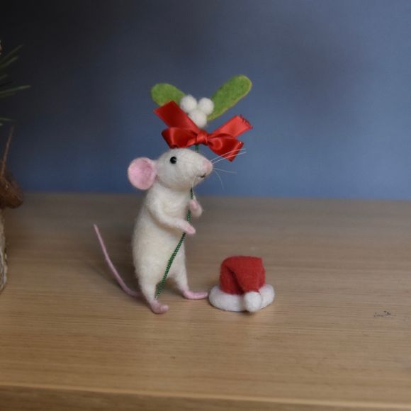 Poseable white Mouse with removable Santa hat - One of a kind ornament - Mice