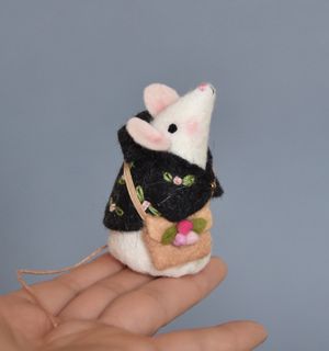 Hand-Stitched white herbalist mouse Ornament - Rose Bud
