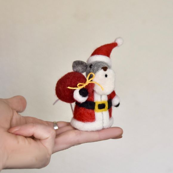 Needle Felted Santa Mouse - Ornament 