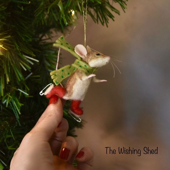 Needle Felted Life-like Skating Mouse Ornament 