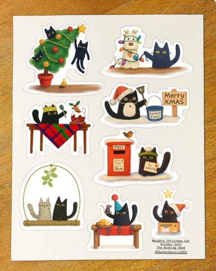 Naughty Cat Christmas Sticker Set 1 - Digital Download - 8 Stickers