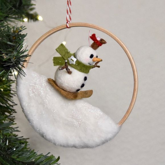 Needle Felted Snowman Sledging With Mouse Friend  - Ornament 