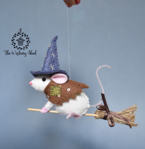 Hand Sewn White Witchy Mouse On Broomstick  - Hanging ornament - One of a Kind
