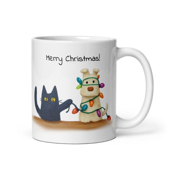 Christmas Light Fun With Dog  - Naughty Black Kitty - Novelty Mug 
