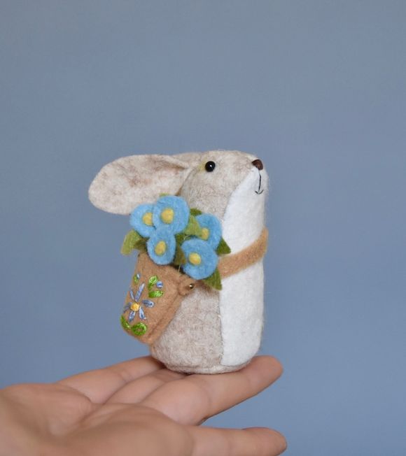 Hand-Stitched flower bunny - Forget-me-not - Miniature Ornament  