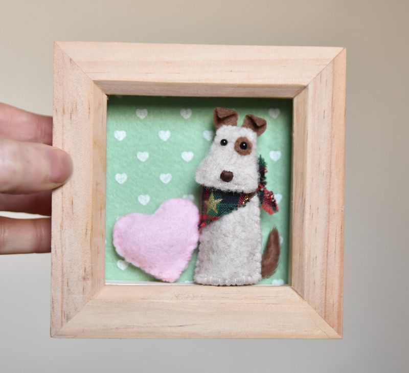  Miniature Dog with love heart - ready-to-hang in wooden frame 