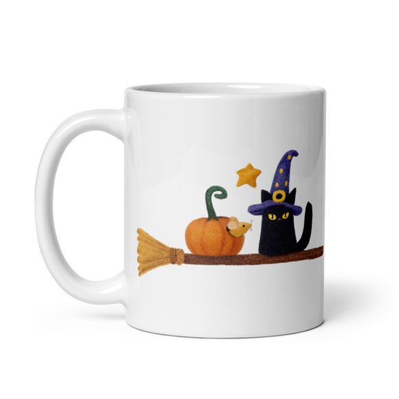 Naughty Witchy Cat On Broomstick With Mouse - Novelty Mug 