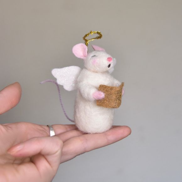Needle Felted White Mouse Angel Mouse - Ornament 