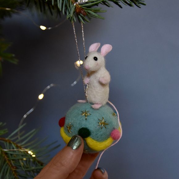 Needle Felted Little white mouse on pretty bauble - Ornament 