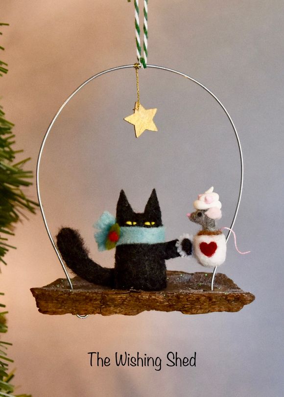 Hot Mouse Chocolate  - Naughty Kitty Cat   -  Black Cat With Mouse Friend  Tree Ornament 