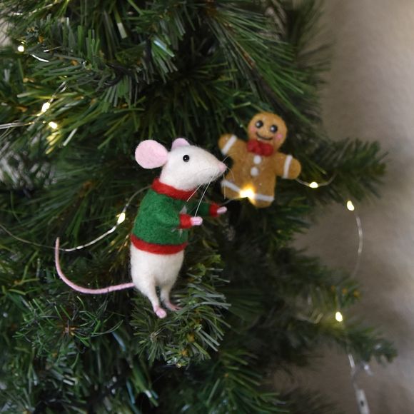 Poseable Needle Felted Life-like White Mouse Ornament 
