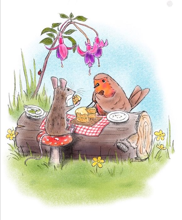 Robin &amp; Mouse Enjoy Cake Beneath The Fuchsia '8x10' Framed Art Print Of An original Drawing