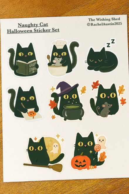 Naughty Cat Halloween Sticker Set - Digital Download - 13 Stickers