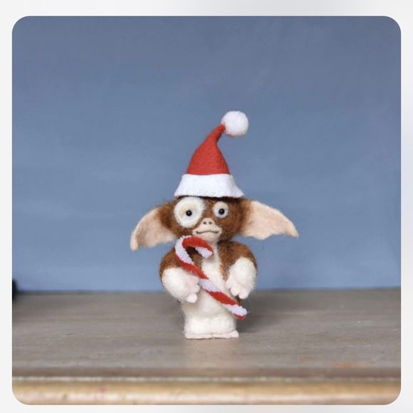 One of a kind Needle Felted Miniature Gremlin - With Santa Hat
