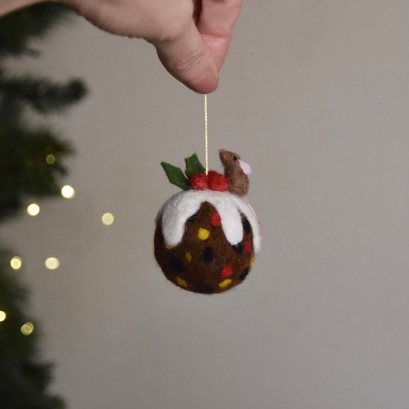 Needle Felted Mouse on Christmas Pudding  - Ornament 