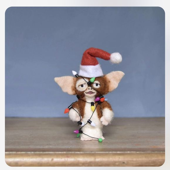 One of a kind Needle Felted Miniature Gremlin - With Santa Hat Tangled in Christmas Lights