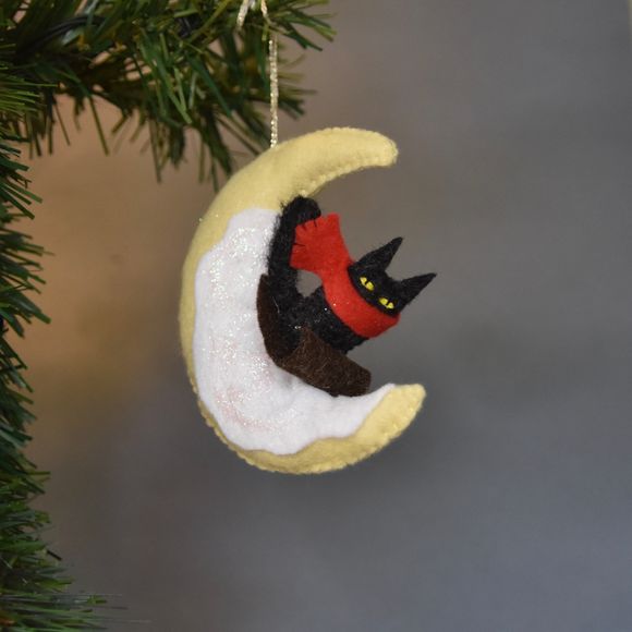   Sledging On Snowy Moon - Little Black Cat Ornament 