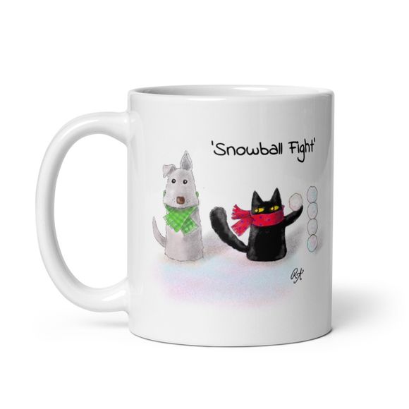 &#x27;Snowball Fight&#x27; Cat Torments Dog - Ceramic Mug