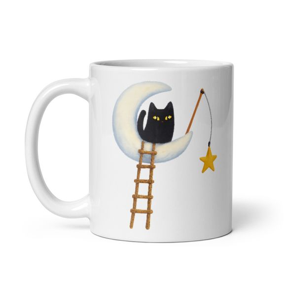 Star Fishing - Naughty Black Kitty Cat  - Novelty Mug 